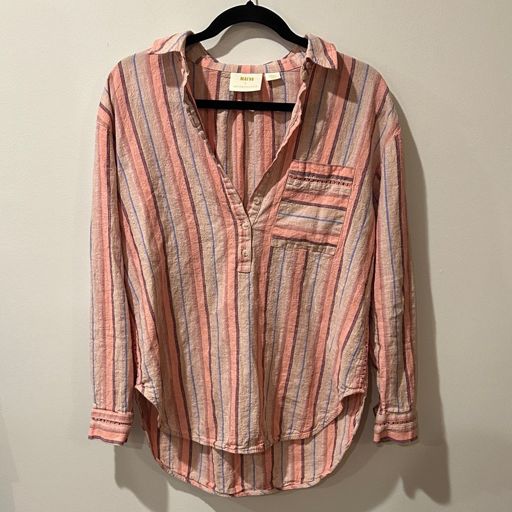 Anthropologie Maeve Multicolor Striped Button-Down Shirt- Boho, Costal